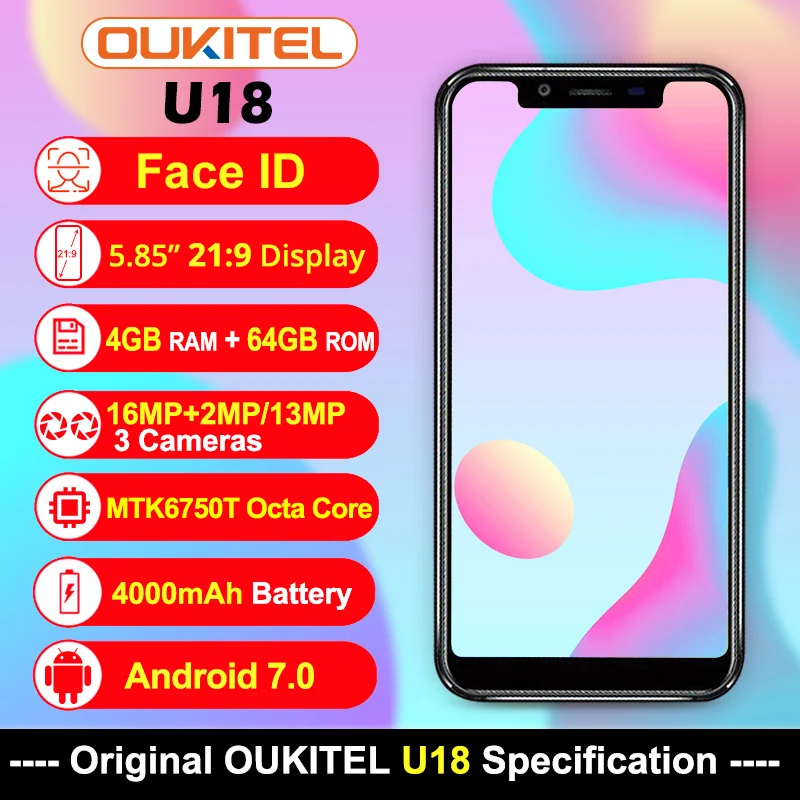 Oukitel U18 5 85 дюйма 21:9 Дисплей 4 ГБ Оперативная память 64 4000 мАч Face ID мобильного