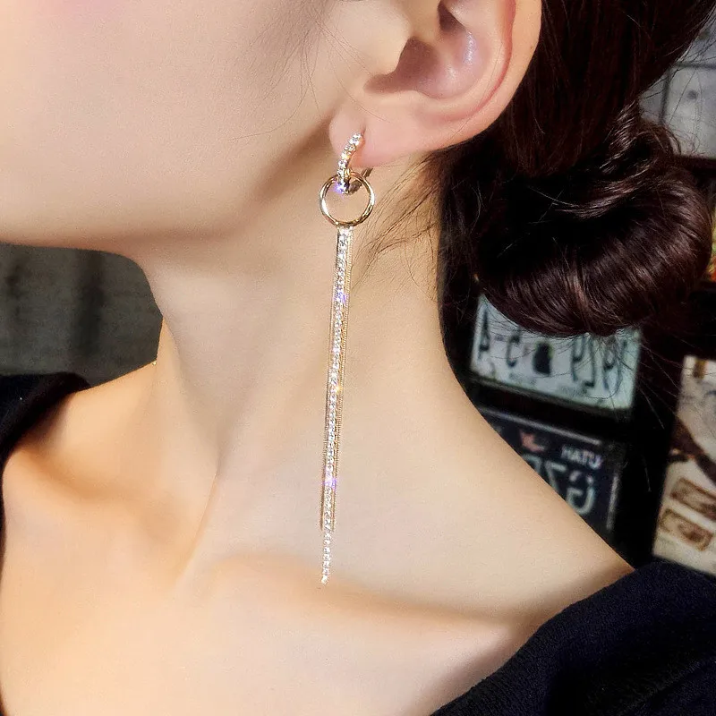 LUBOV New Long Alloy Rhinestone Hoop Earrings Gold Color Tassel Small Circles for Women Wedding Jewelry | Украшения и аксессуары