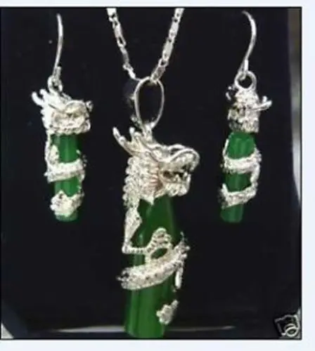 

Hot selling@> green Natural stone silver plate dragon Necklace earring set AAA watch Quartz stone crystal Natural -Br