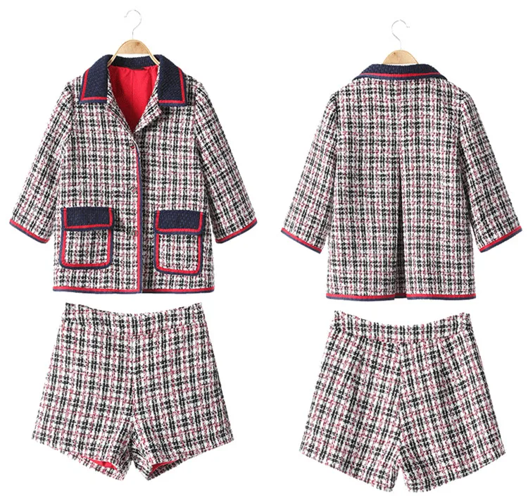 Подиумный клетчатый твидовый комплект 2018 дизайнерский с отложным воротником