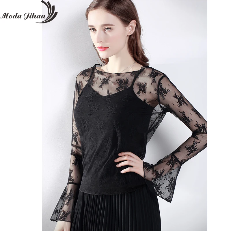 Женская кружевная рубашка Moda Jihan фиолетовая прозрачная Базовая Блузка с