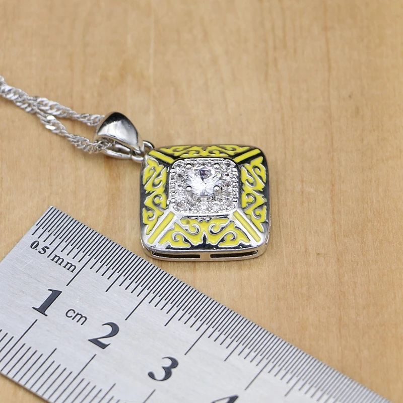 925 Silver Bridal Jewelry Cubic Zirconia Sets Yellow Rubber PpaintFor Women Earrings Stone Pendant/Rings/Necklace Set | Украшения и