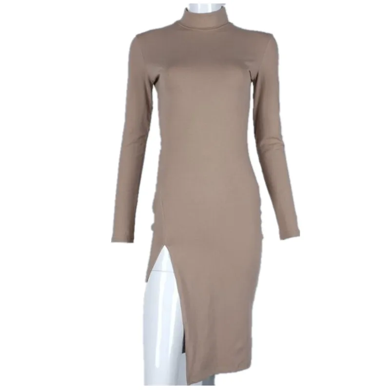 Fashion Ladies Long Sleeve Turtleneck Side Open Elastic Winter Dress Slim Fit Skinny Tight | Женская одежда
