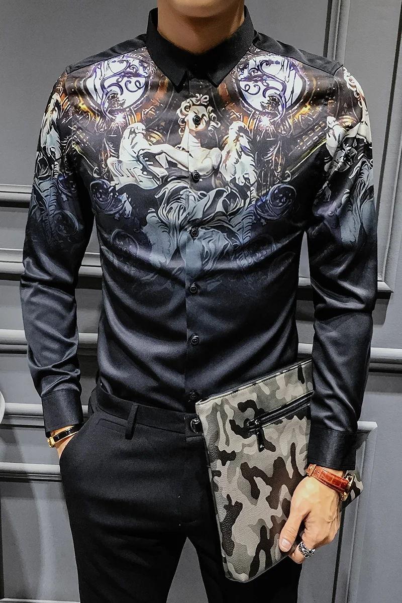 Новое Барокко рубашки мужские роскошные узорчатые вечерние с принтом Camisa Masculina