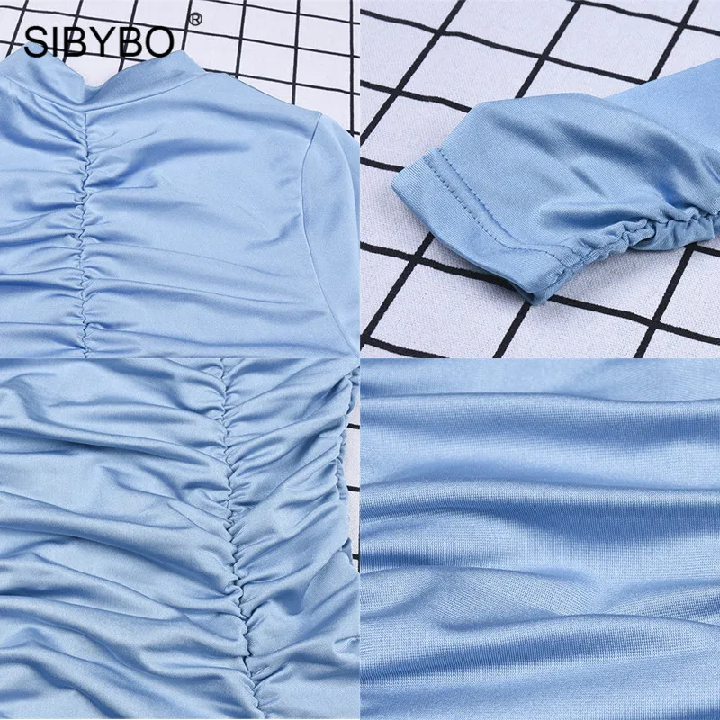 Sibybo Turtleneck Long Sleeve Autumn Dresses for Women Fashion Sheath Pleated Mini Dress Women Black Casual Women Dresses Winter