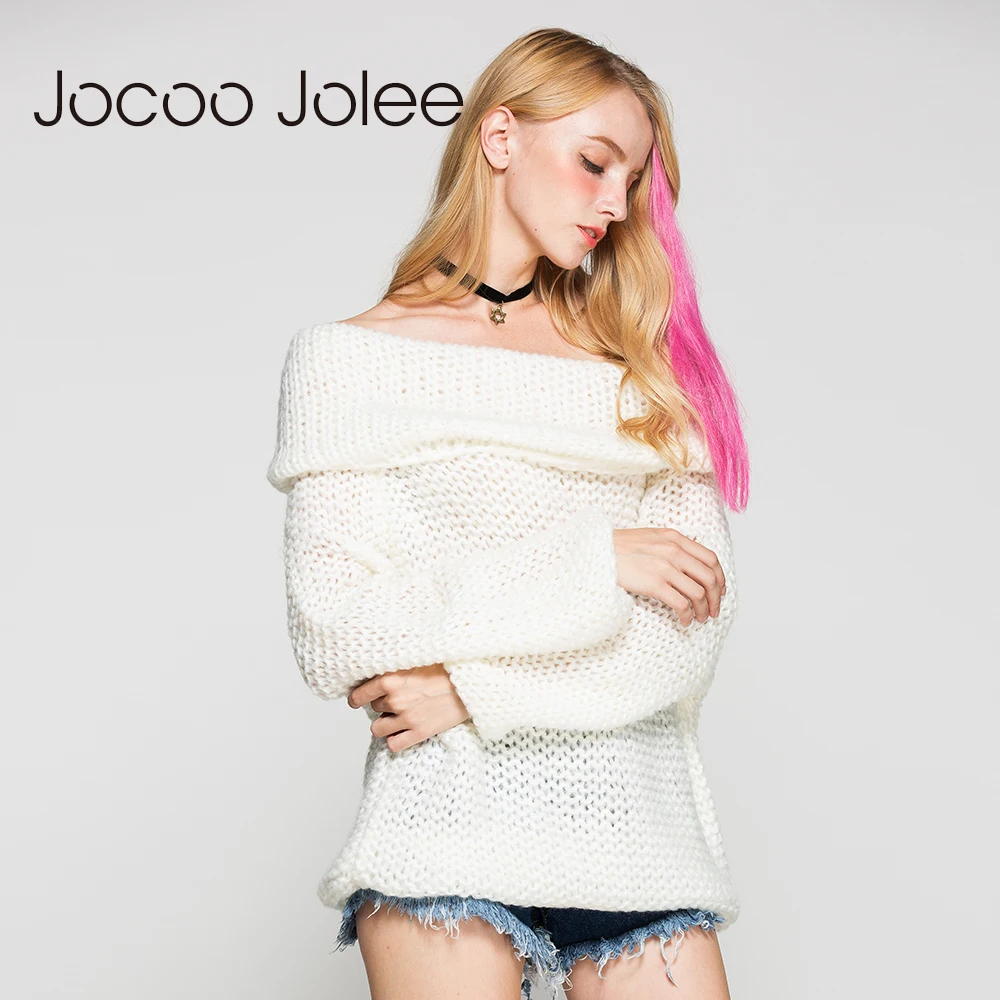Женский вязаный свитер Jocoo Jolee белый с длинным рукавом и открытыми плечами осень