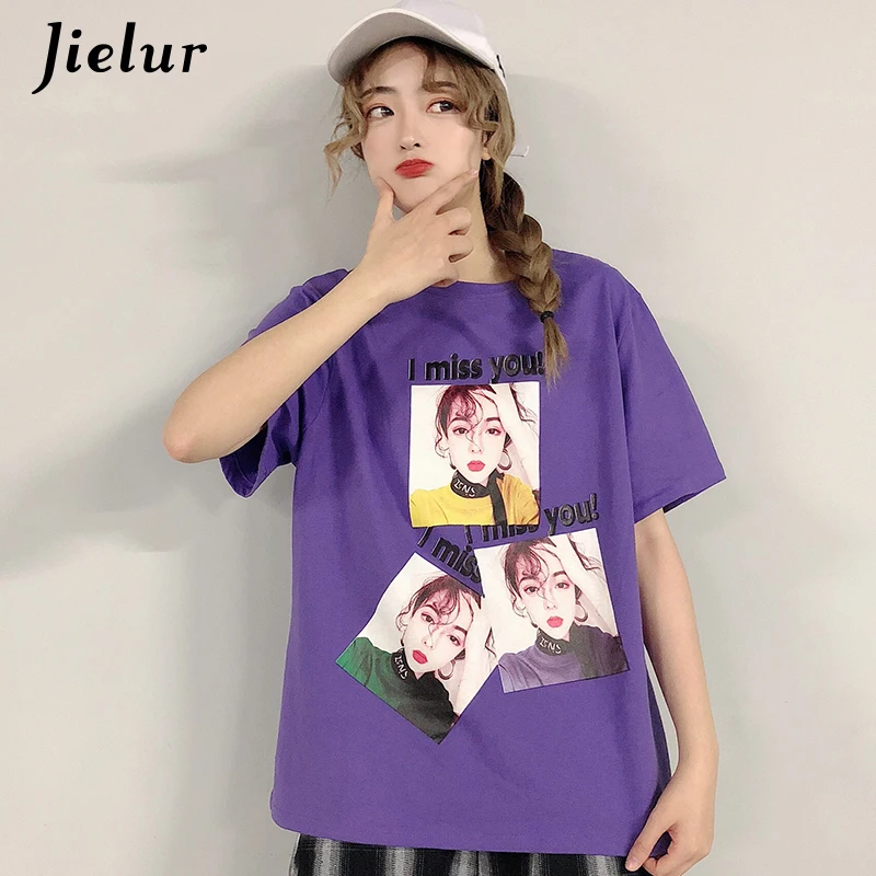 Jielur фиолетовый летняя футболка Для женщин Прохладный Девушки печатными буквами