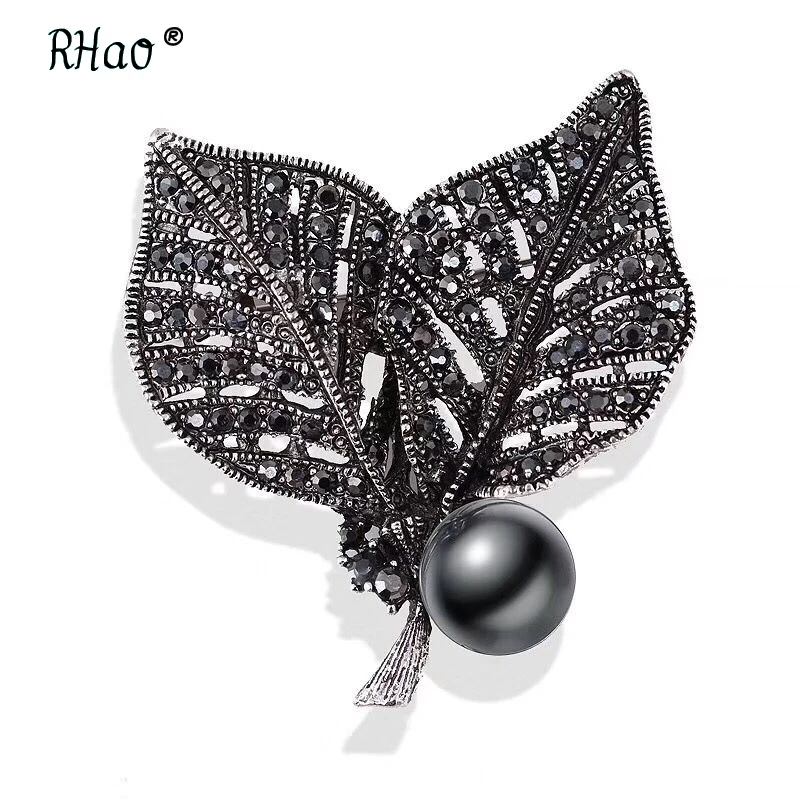 RHao Женская/Мужская корсажная Винтажная брошь в виде двух листьев черного цвета