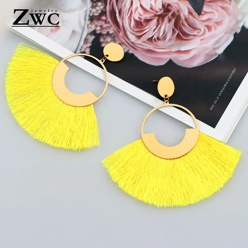 Yellow 2 ZWC богемные массивные круглые большие серьги с кисточками для женщин, национальные красные черные винтажные длинные серьги ручной работы с бахромой, ювелирные изделия - Metal Color: Yellow 2