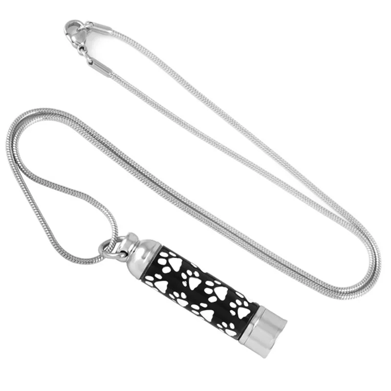 KJ8376 Free Filling Kit &amp Instructions White Paws Printed Black Tube Urn Ash Holder Animal Cremation Necklace Stainless Steel | Украшения