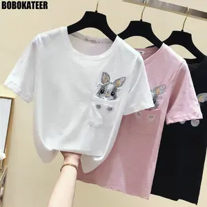 Белая хлопковая футболка, женские топы, черная футболка с коротким рукавом с вышивкой, женская одежда, винтажная розовая Милая футболка, лето 2021