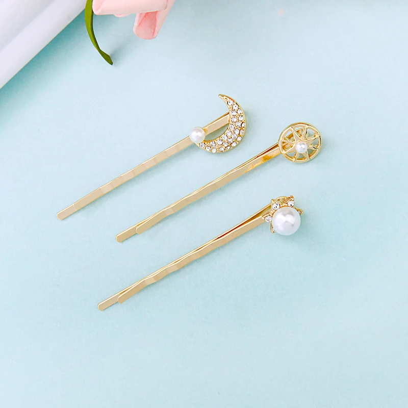 Корейский комплект из 3 предметов, заколки для волос золотого цвета, заколки для волос с Луной, солнцем, звездой, искусственным кристаллом жемчуга для женщин, модные ювелирные изделия для волос