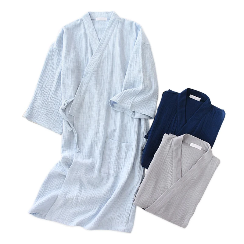 

Cozy Summer pure cotton kimono robes men crepe 100% cotton casual male bathrobes long sleeve SPA Japanese robes for men