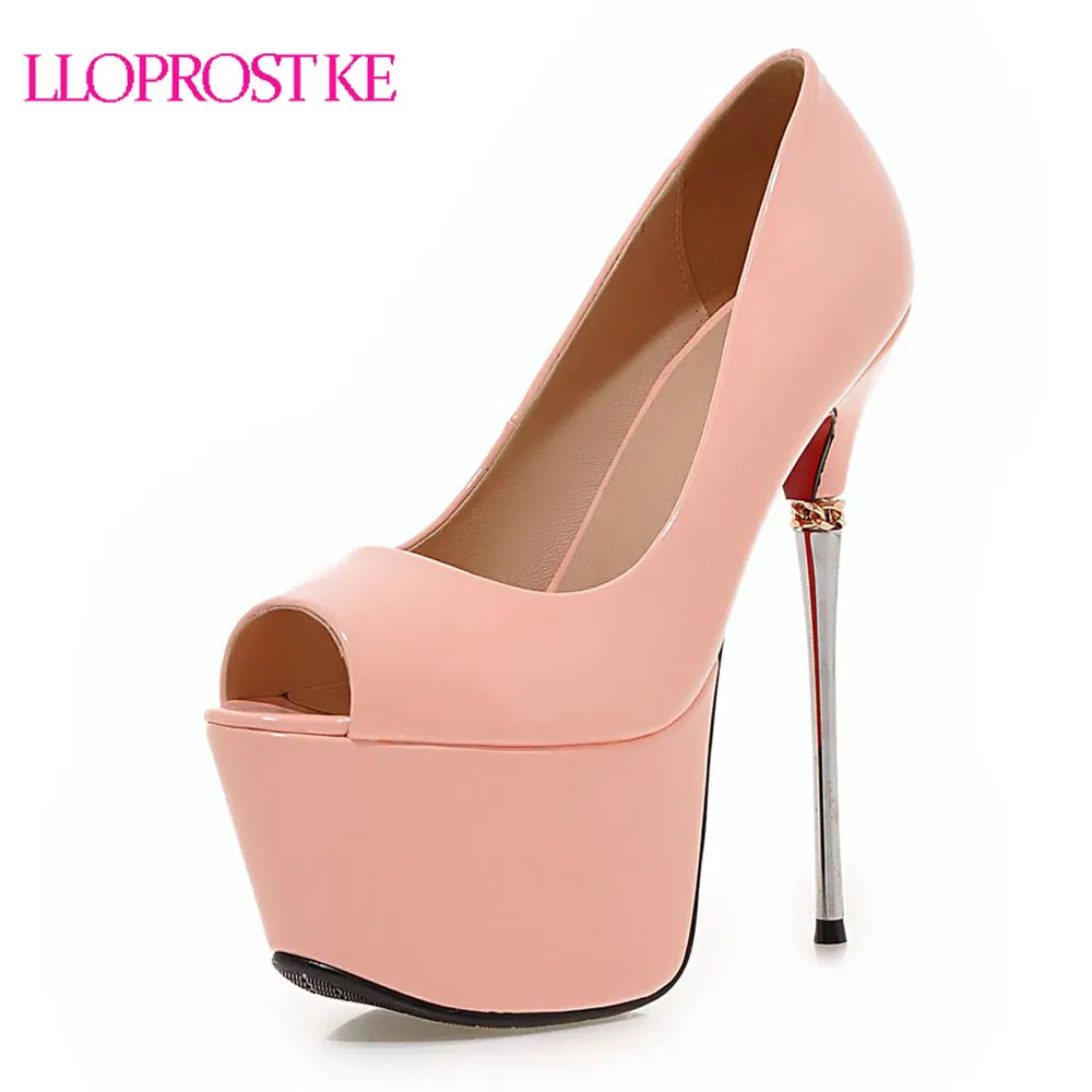 

Lloprost ke Women Thin High Heels Peep Toe Pumps Sexy Wedding Shoes 16CM Nude Black Patent Leather Platform Pumps Big Size MY886