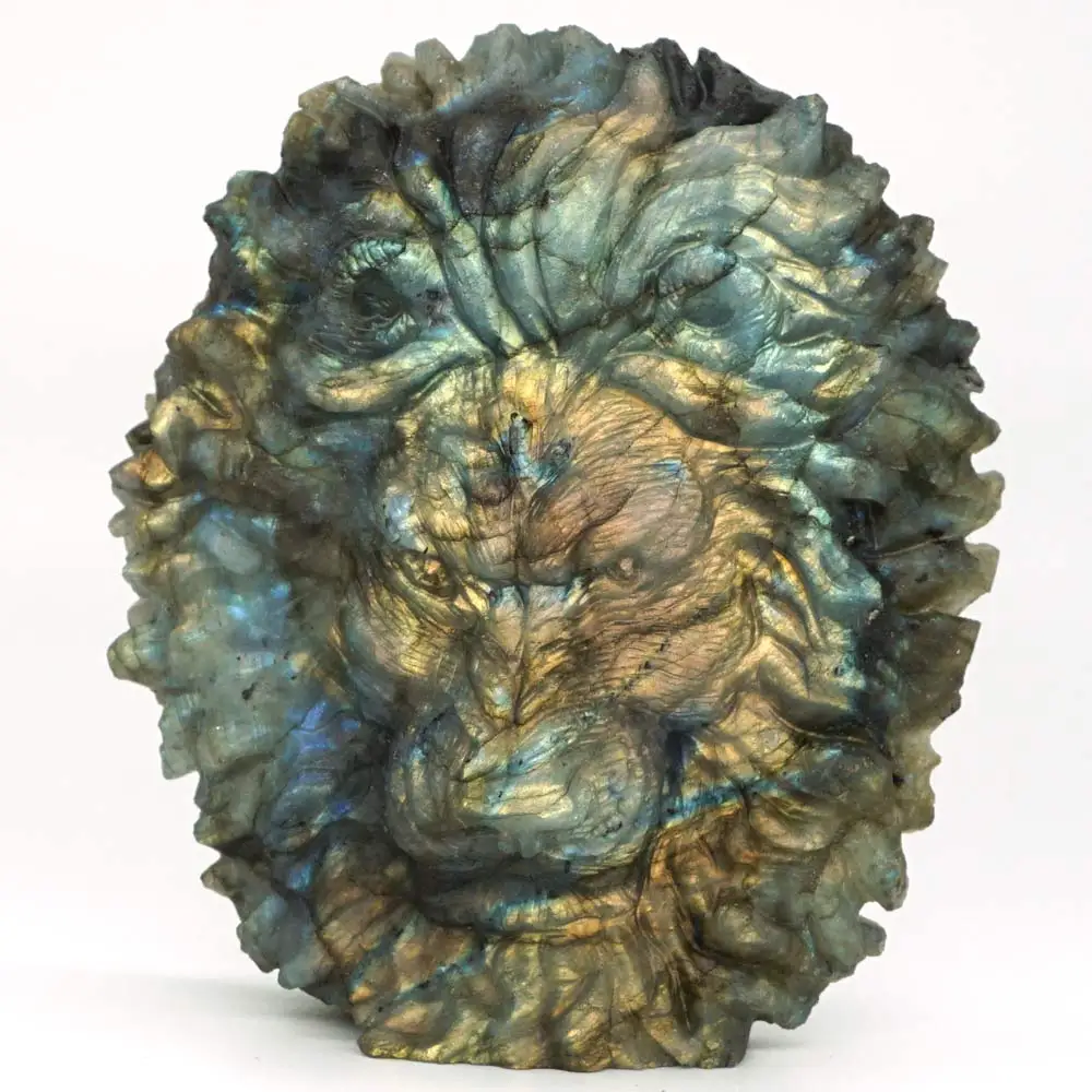 

4.33" Lion Head Labradorite Figurine Carved Stone Animal Statue Healing Reiki Home Office Decor