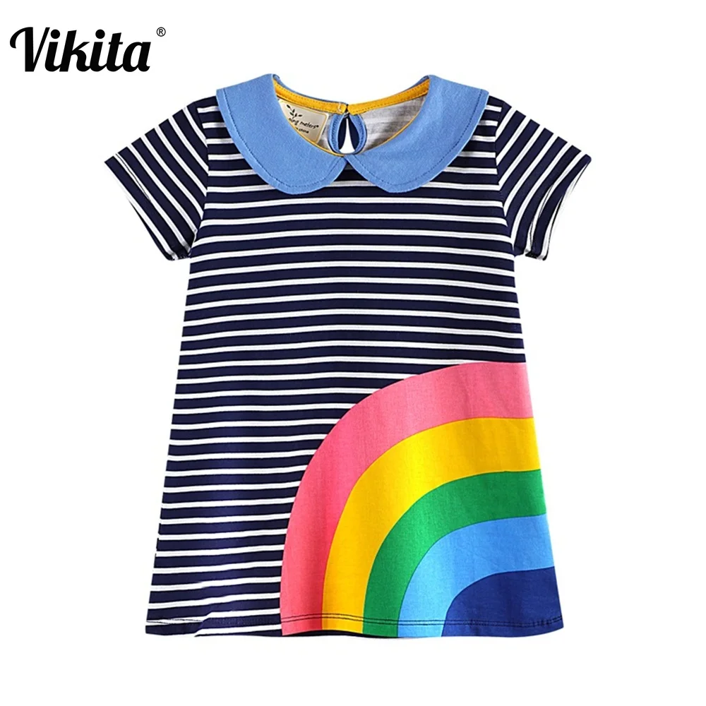 VIKITA Girls Dress Cartoon Baby Princess Dresses Children Clothing Striped Clothes Kids Cotton Vestidos JM6744 mix | Детская одежда и