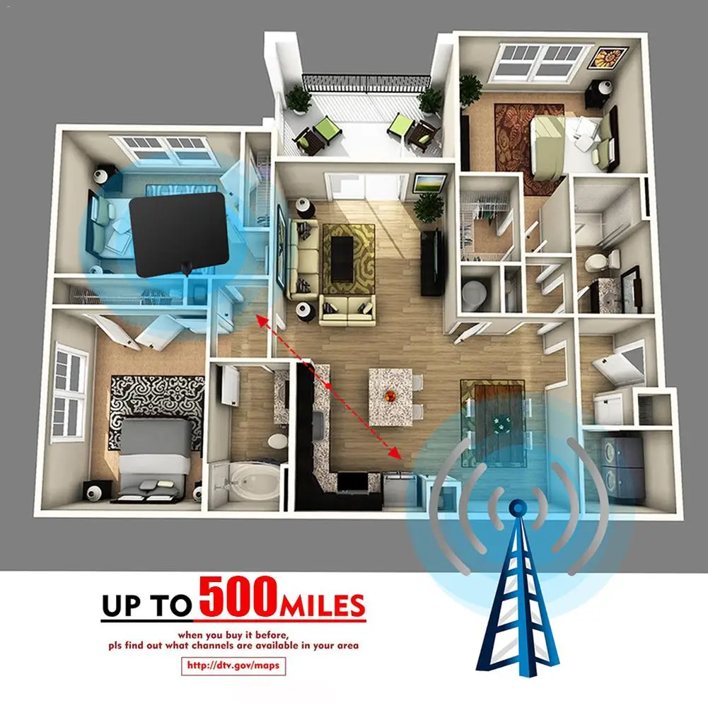 500 Mile HDTV цифровой ТВ антенна ATSC HD Крытый UHF/VHF/1080 p 4 K усилитель активная Крытая антенна HD плоский дизайн HD кабель ТВ антенна