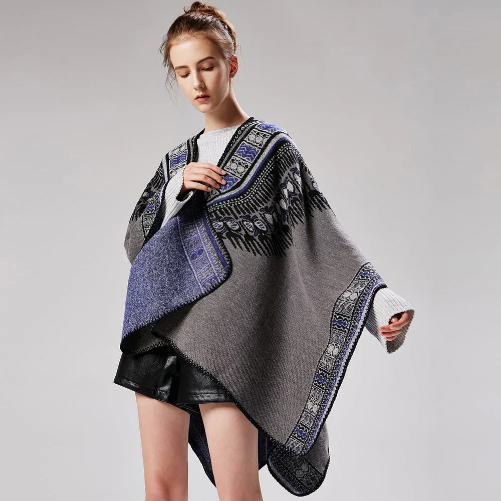 Reversible Cardigan Women Autumn Winter Cashmere Poncho Coat Vintage Print Designer Female Loose Thick Wrap Shawl Sweater |