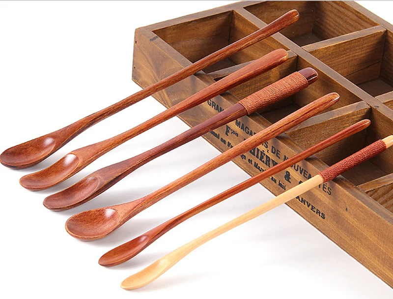BalleenShiny Wooden Dessert Spoon Long Handle Wiring Coffee Stir Honey Milktea Scoop Cute Tableware Jam Cream Milktea Tools
