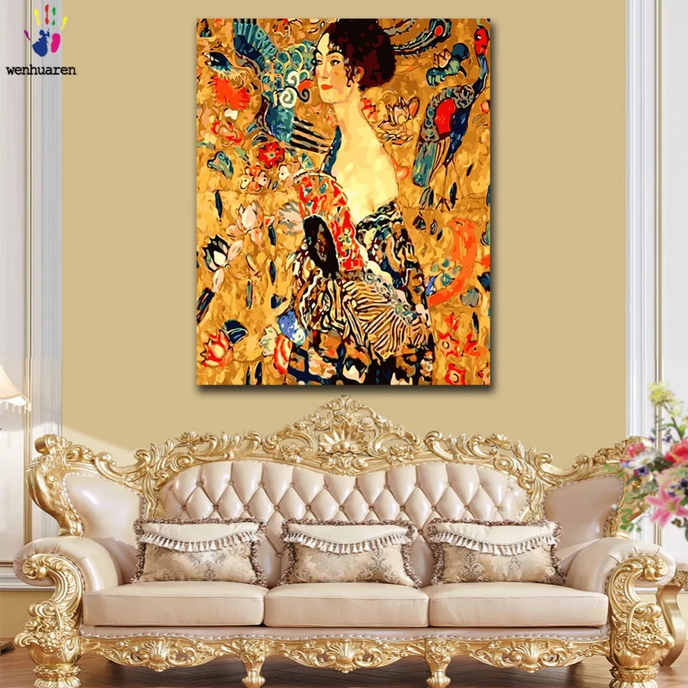 DIY colorings pictures by numbers with colors Lady Fan Gustav Klimt picture drawing painting framed Home | Дом и сад