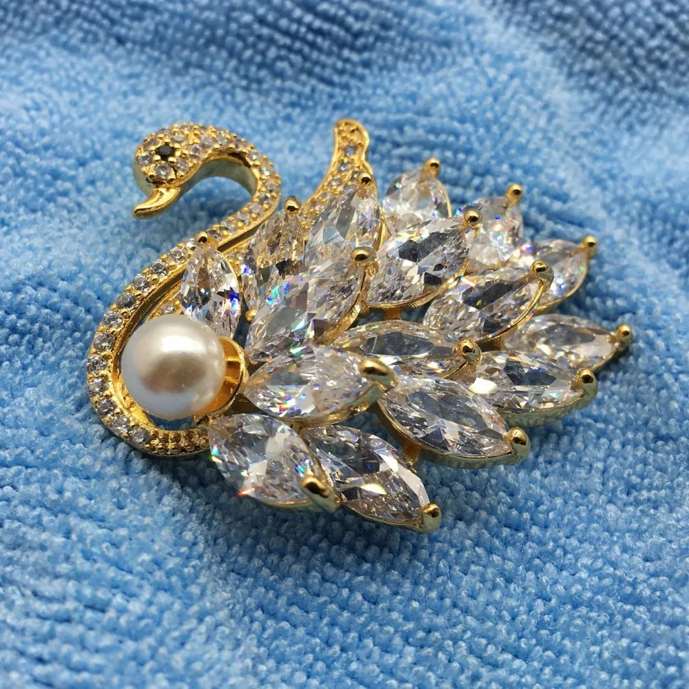 Swan zircon brooch women gold swans pearls and brooches wedding bridal decorations | Украшения и аксессуары