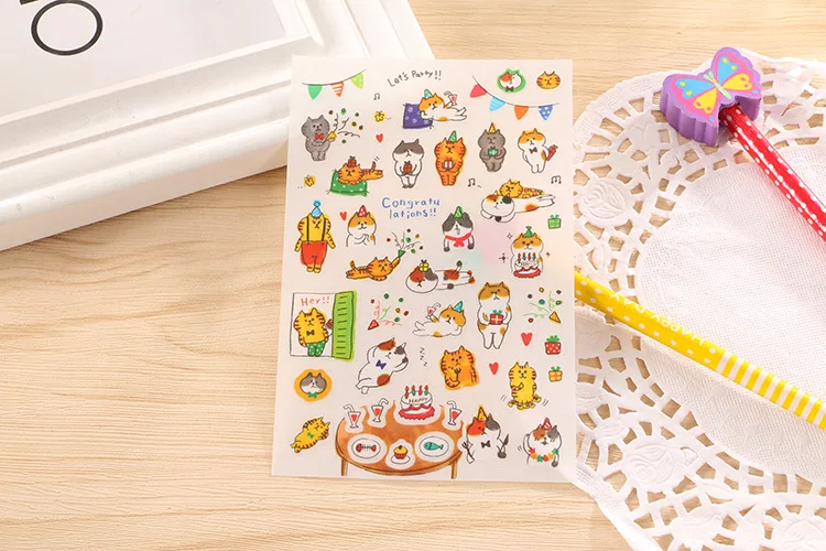 6 Pcs/Set Cute PVC Stickers Kawaii Cartoon Cat Sticky Paper For kids Child DIY Scrapbooking Stickers Diary Ablum Gift Stationery