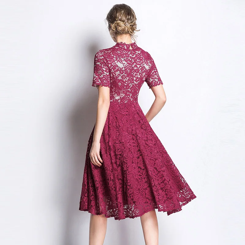 Willstage Красные кружевные платья для женщин короткий рукав цветочный рисунок