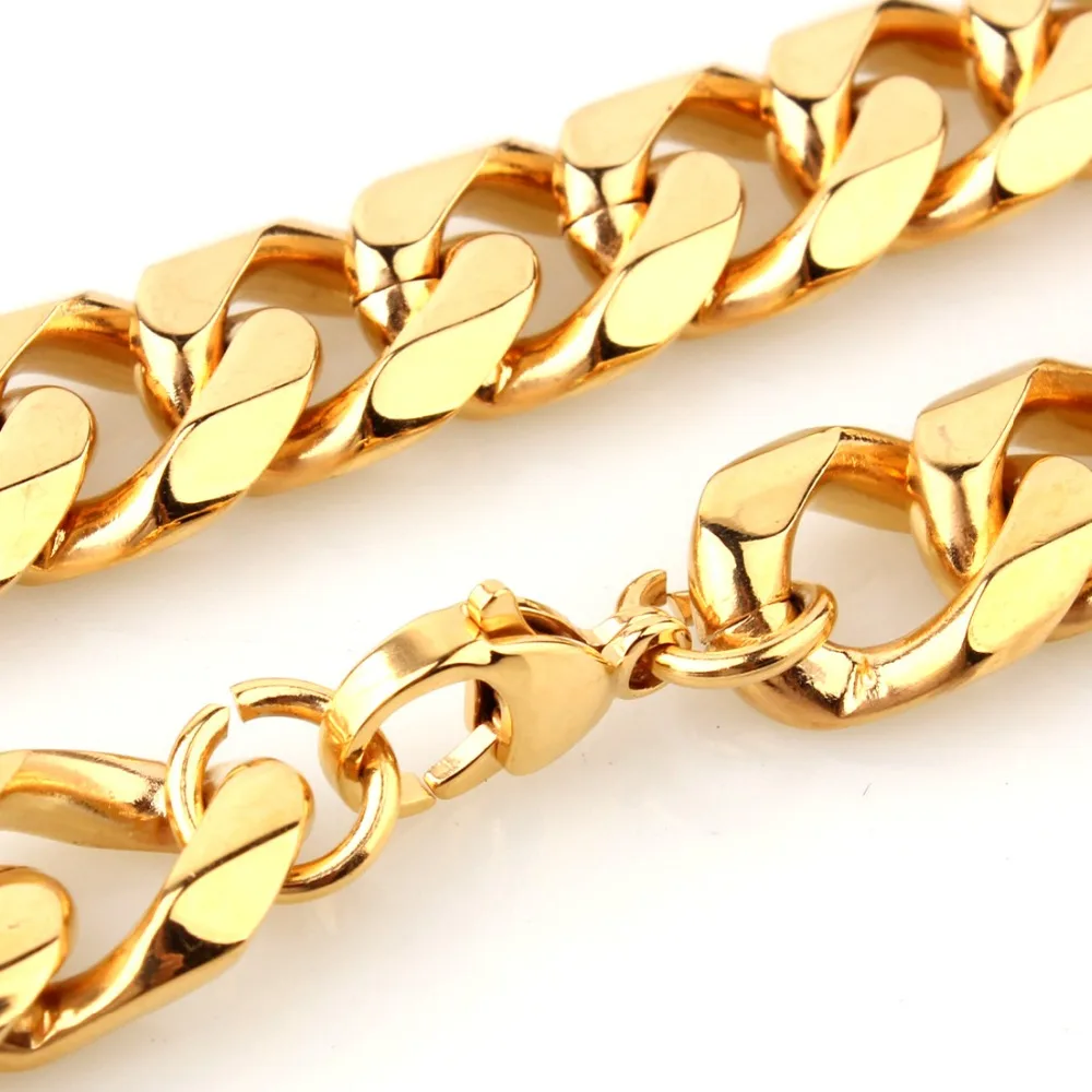 

13/15/17MM New Arrive Cool 316L Stainless Steel Gold Color Cuban Curb Link Chain Mens Womens Necklace Or Bracelet Bangle 7"-40"