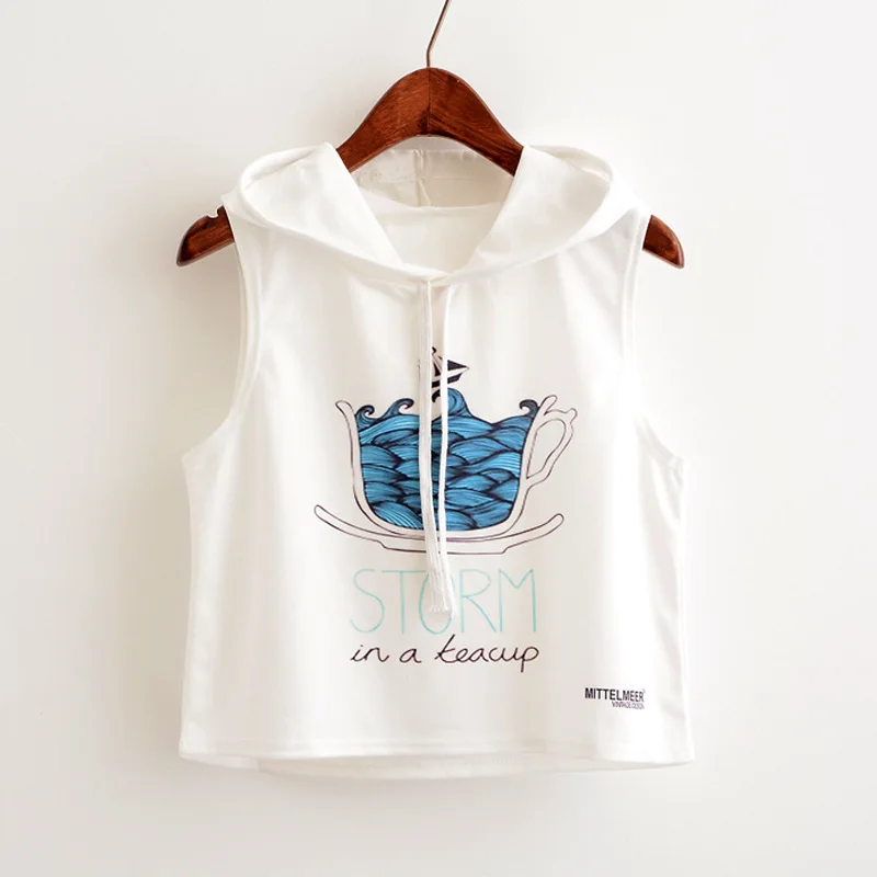 Women's 2019 summer new wind cup in the boat and letter printed hooded fashion short ladies vest T-shirt top tide | Женская одежда