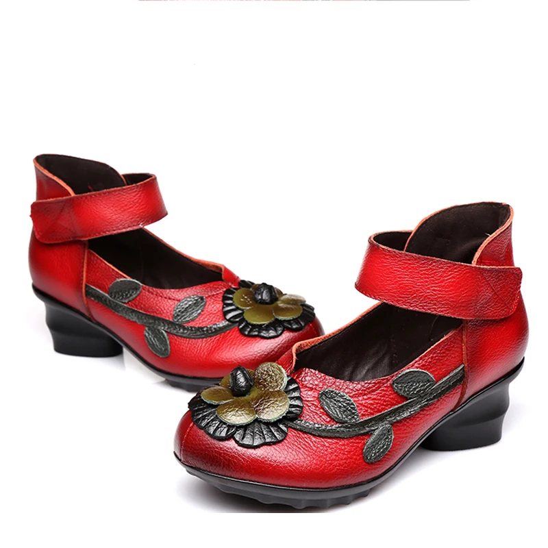 

YAERNI High Quality Women Leisure Retro Printing Fashion Genuine Leather Mid Heel Wedding Shoes Woman Genuine Leather Pumps E421