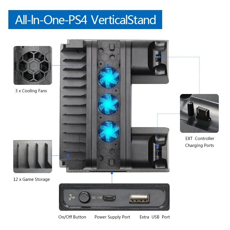 For PS4/PS4 Slim/PS4 Pro Vertical Stand with Cooling Fan Dual Controller Charger Charging Station For SONY Playstation 4 Cooler
