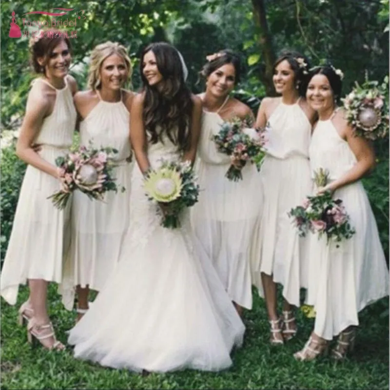 

Halter Bridesmaid Dresses Tea Length Simple Chiffon Wedding Bridesmaids Gowns For Women Weddings Party Guest Dress JQ114