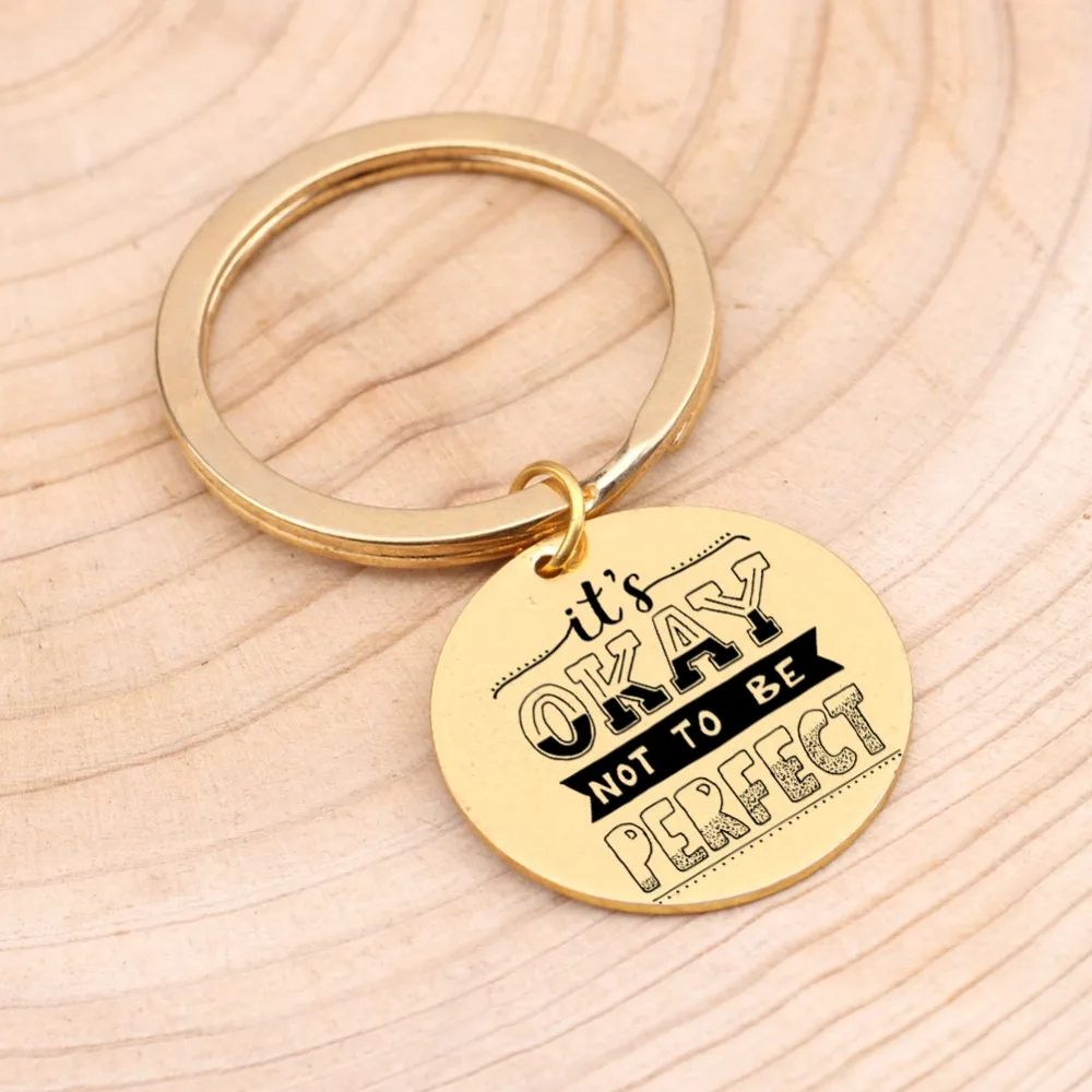 For Couple Friends Lovers Keychain Engraved &quotIt's Okay Not To Be Perfect&quotJewelry Keyrings Fashion Motivational Key Pendant Gift |