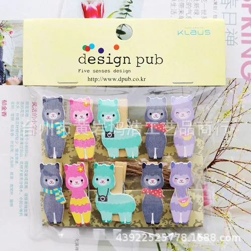 

10 Pcs/Set Cartoon Alpaca Cactus Wooden Clip Mini Photo Clips Party Decoration Clip with Hemp Rope