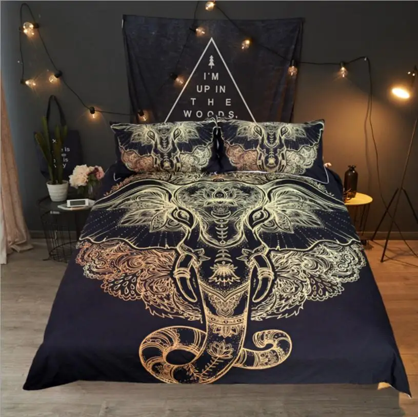 

African Tribal Elephant Bedding Set Boho Mandala Golden Design Ethnic Indian God Ganesha Duvet Cover Indian Symbol Bed Set