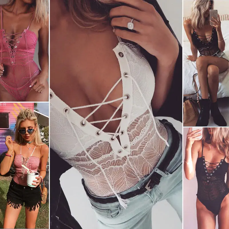 

HIRIGIN Women Lace Up Plunge V Neck Sexy BodysuitS Ladies Leotard Night Suit