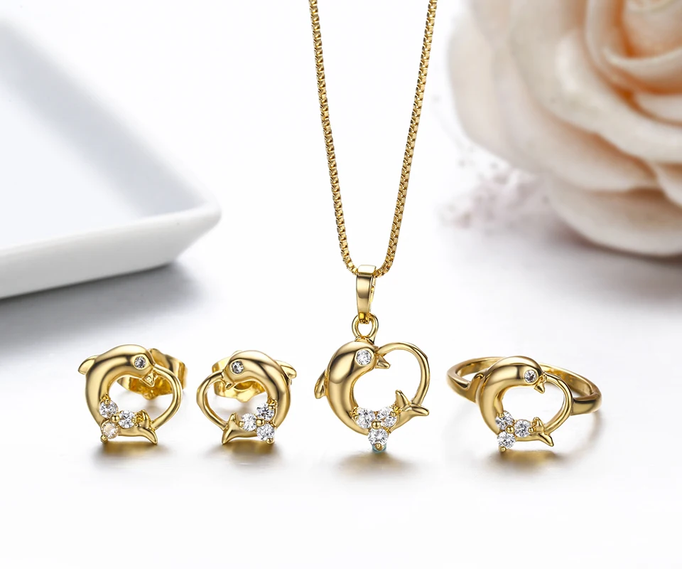 Children Girls Baby Kids Jewelry Sets Yellow Gold Color Dolphin Heart Charm Pendant Necklace Stud Earrings Ring Festa Jewellery|jewelry sets|kids