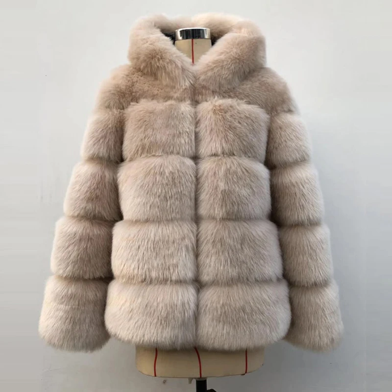 

2021 Winter Thick Warm Faux Fox Fur Coat Women Hooded Long Sleeve Artificial Fur Jacket Luxury Outwear PC313