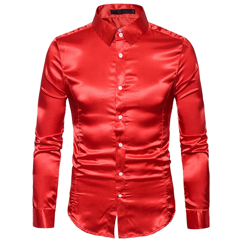 Для мужчин эксклюзивная Metallic Shirt блестящего шелковистого атласа рубашка с