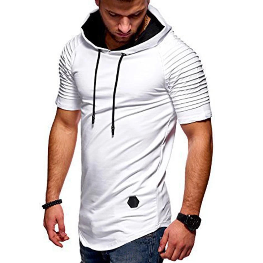 

Casual Men's Basic Short Sleeve Solid Hoodies Pleated Shoulder Slim Fit Hooded Male Basic Swag Hem Summer Fashion Streetwear