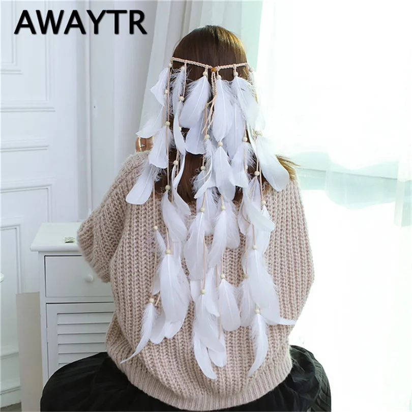 Женский обруч для волос AWAYTR с перьями в богемном стиле повязка на голову красными