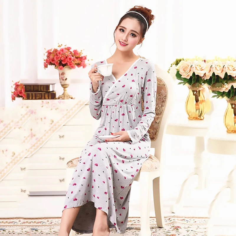 

Summer Nightdress Sleepdress For Women Lady Pregnant Woman V-neck Long Sleeve Thin Cotton Modal Breathable Nightgown Sleepwear