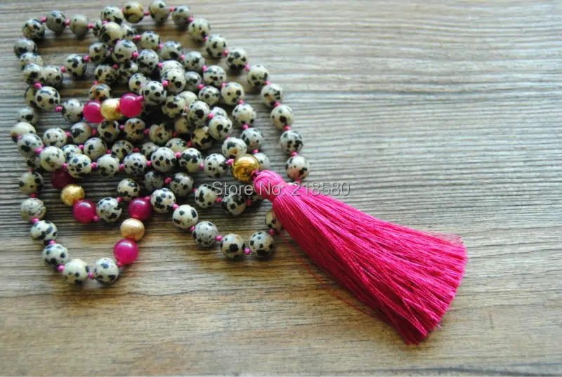 

Dalmatian Sediment Stone BEADS Knotted Beads Necklace Hot Pink Silk Tassel Necklace