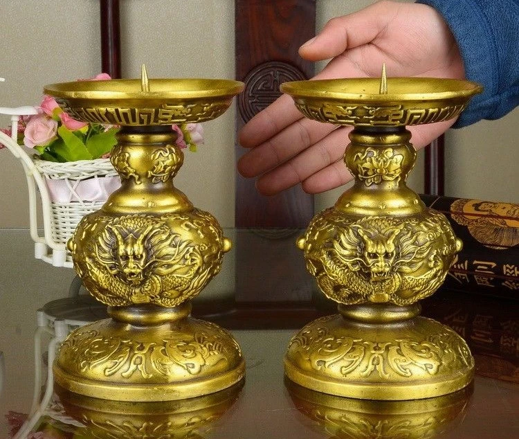 Китай дворец латунь медь масло дракона лампы подсвечник статуя пара | Дом и сад
