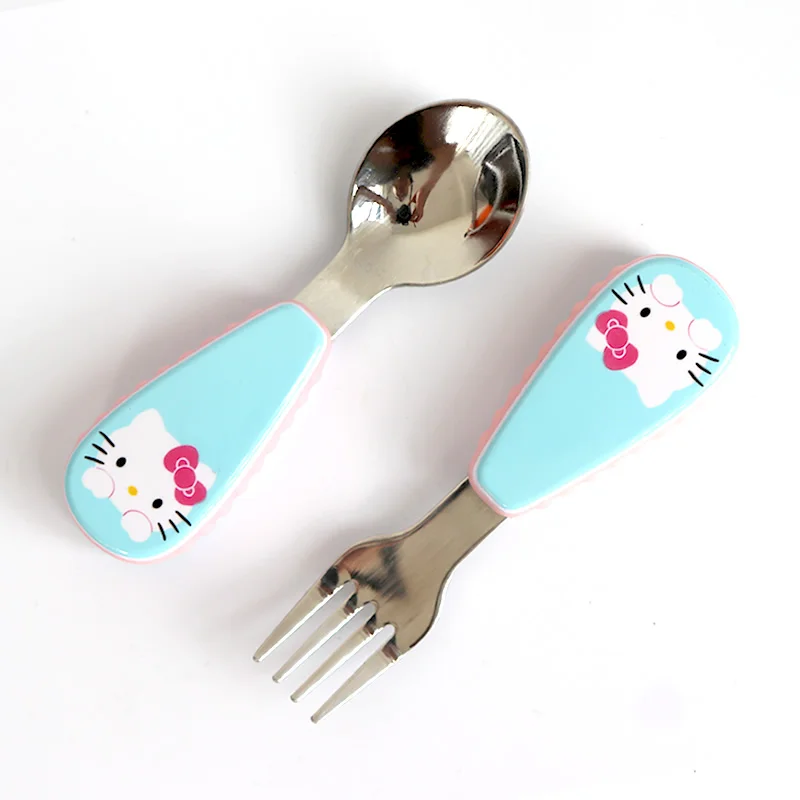 Kitty Kids Spoon Children Stainless Steel Fork Case Portable Safety Baby Feeding Utensils Training Dinnerware 2pcs/ Set - Цвет: Kitty