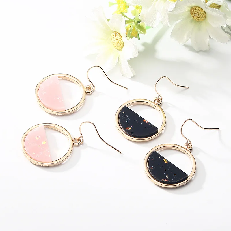 Simple hollow half round stone drop earring gold color dazzling acrylic foil dangle women girls jewelry accessories | Украшения и
