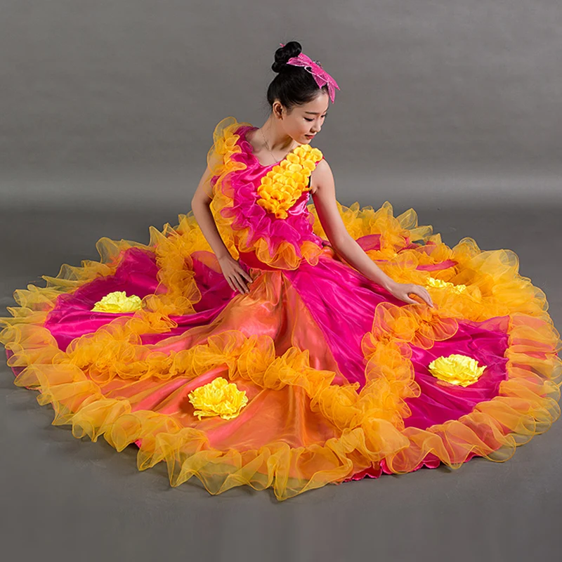 Женское платье без рукавов розовое с испанскими цветами для фламенко испанская