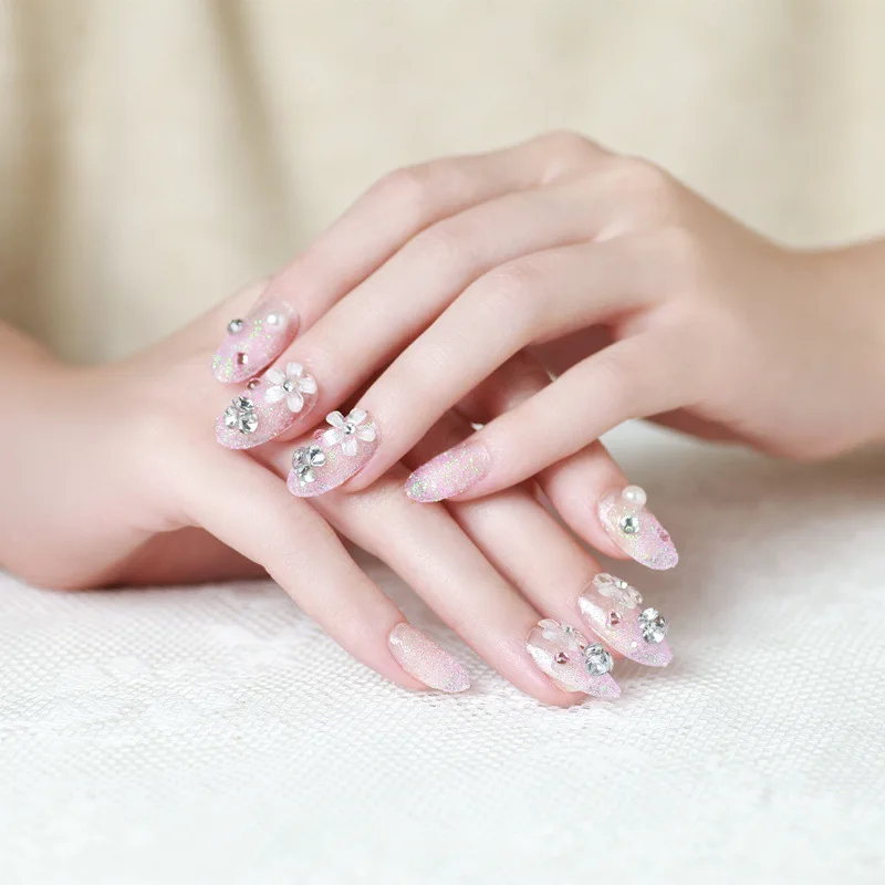 24 шт./компл. накладные ногти французские Свадебные цветы дизайн ногтей Акриловые