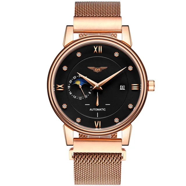 gold black GUANQIN механические Роскошные Брендовые мужские деловые автоматические часы с фазой Луны Мужские полностью стальные водонепроницаемые наручные часы Relogio Masculino A - Цвет: gold black