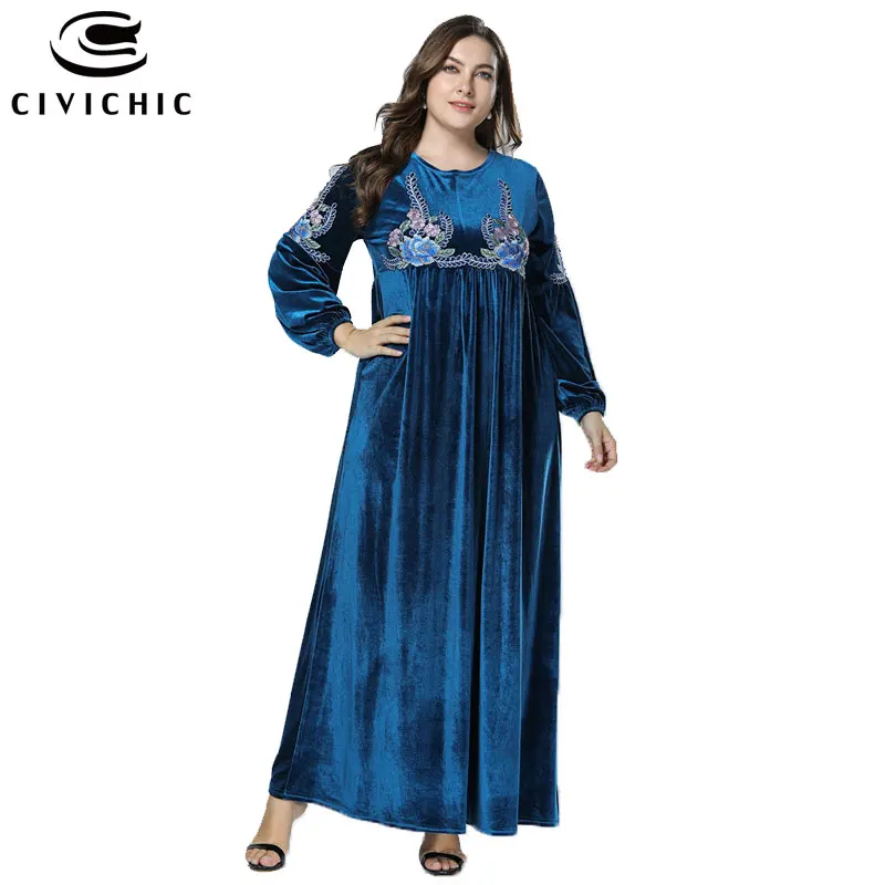 CIVICHIC Plus Size Winter Robe Femme Ethnic Floral Embroidery Maxi Dress Retro Elegant Women Gown Flannel Velvet Vestidos DRS224 | Женская